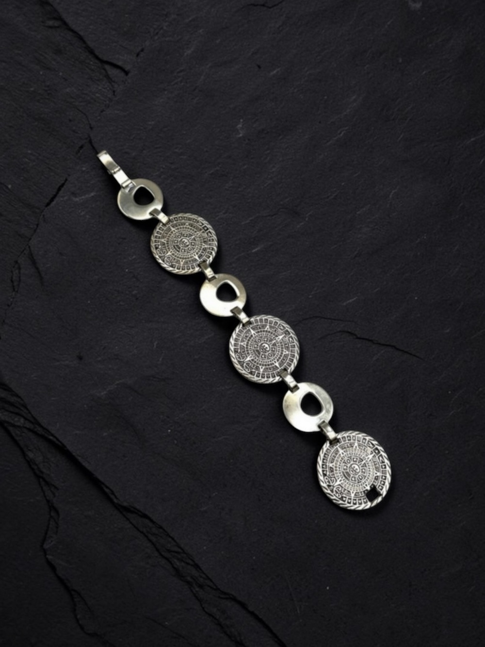 925 Sterling Silver Mayan Aztec Calendar Link Bracelet 8”